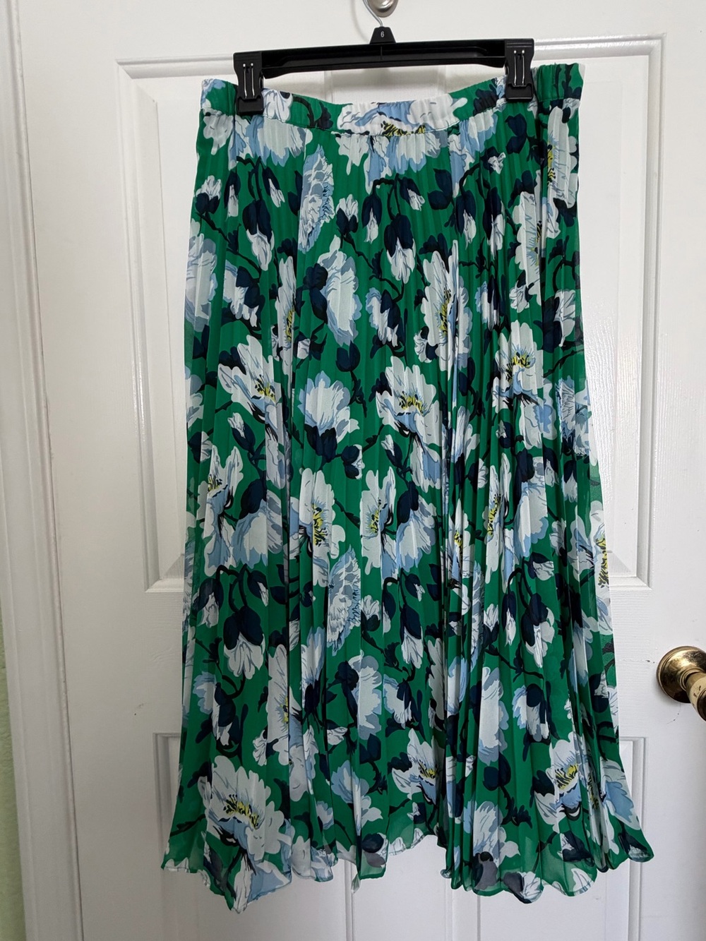 Maeve by Anthropologie Green Floral Pleated Midi Skirt with Blue White Blooms L